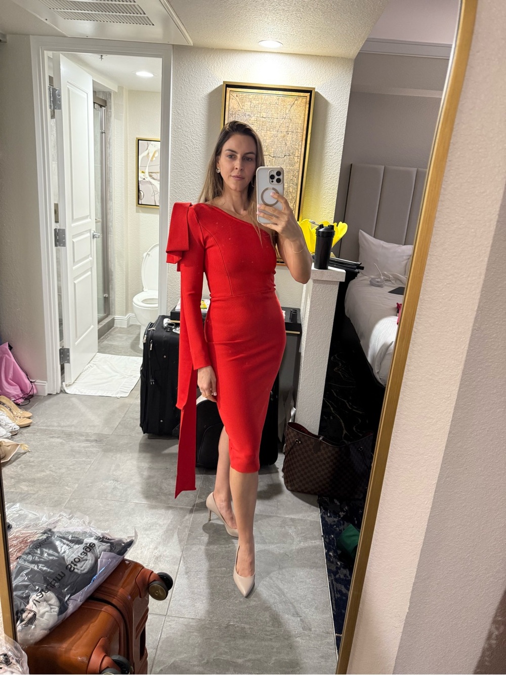 Red One-Shoulder Midi Dress with Draped Sleeve